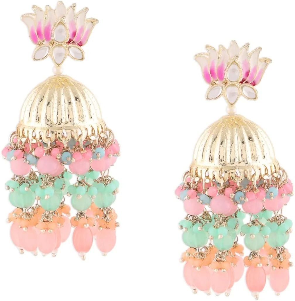 گوشواره زنانه چند رنگ میناکاری خوشه ای لایه ای Jhumki Zaveri Pearls مدل ZPFK15443