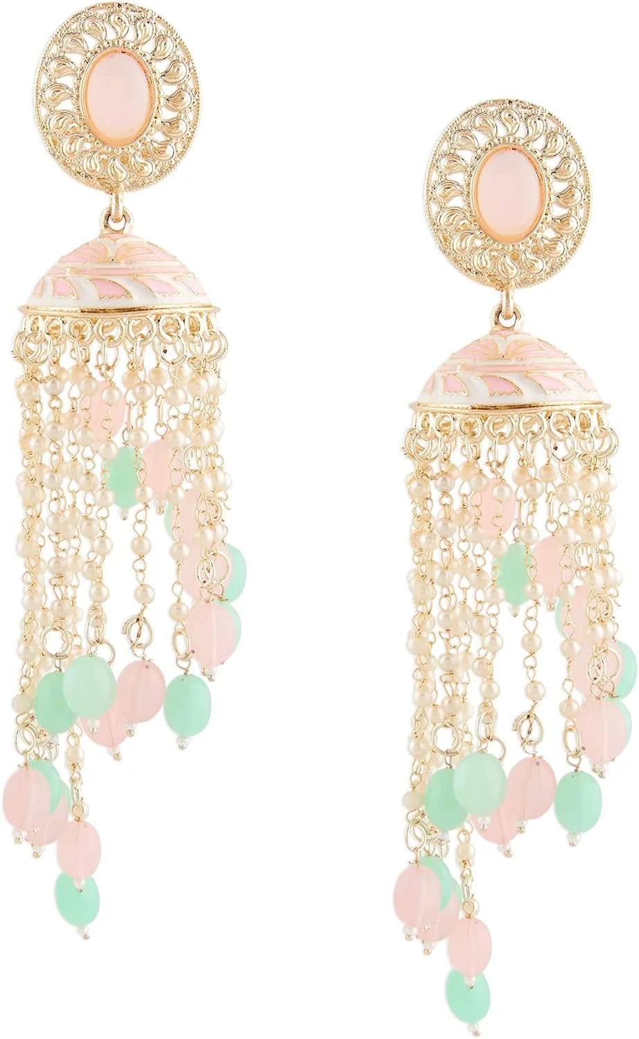 گوشواره آویز منگوله دار میناکاری شده زنجیره ای مهره ای سبز صورتی Zaveri Pearls مدل ZPFK15890 زنانه