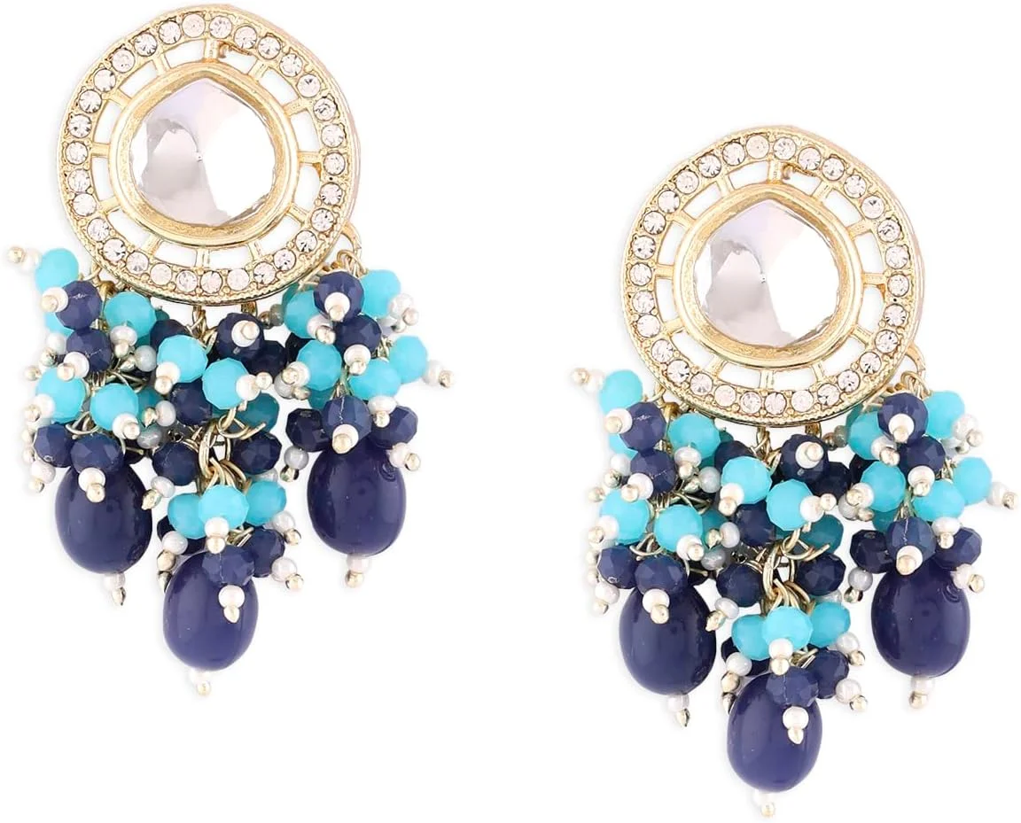 گوشواره آویز زنانه Zaveri Pearls با تزیین خوشه ای فیروزه ای و آبی با مهره های کندن سنتی مدل ZPFK15640