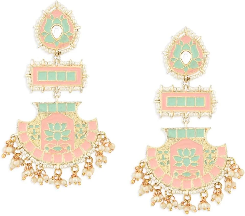 گوشواره آویز زنانه طرح نیلوفر میناکاری شده هلویی و سبز Zaveri Pearls - ZPFK12136