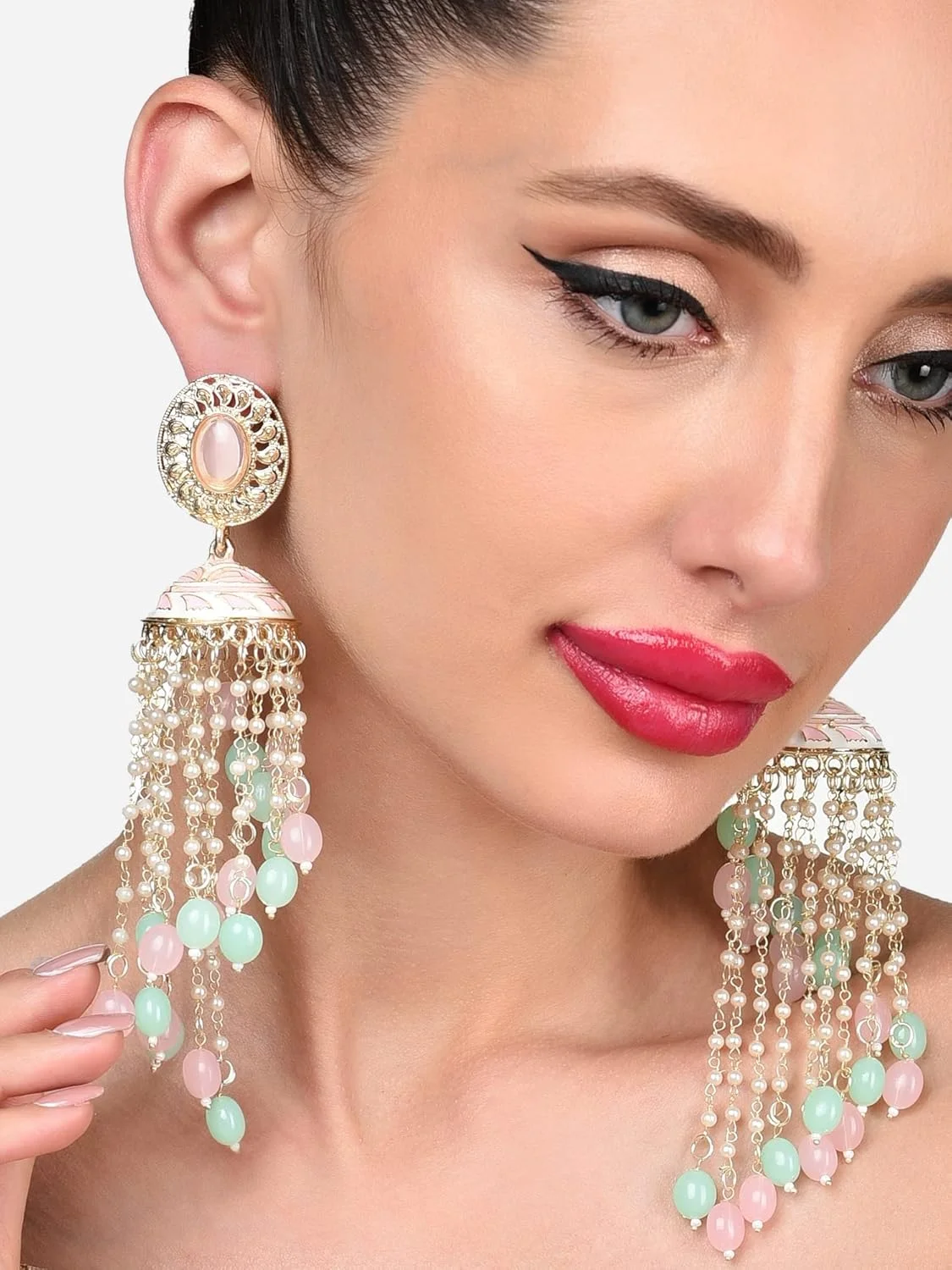 گوشواره آویز منگوله دار میناکاری شده زنجیره ای مهره ای سبز صورتی Zaveri Pearls مدل ZPFK15890 زنانه گوشواره آویز منگوله دار میناکاری شده زنجیره ای مهره ای سبز صورتی Zaveri Pearls مدل ZPFK15890 زنانه