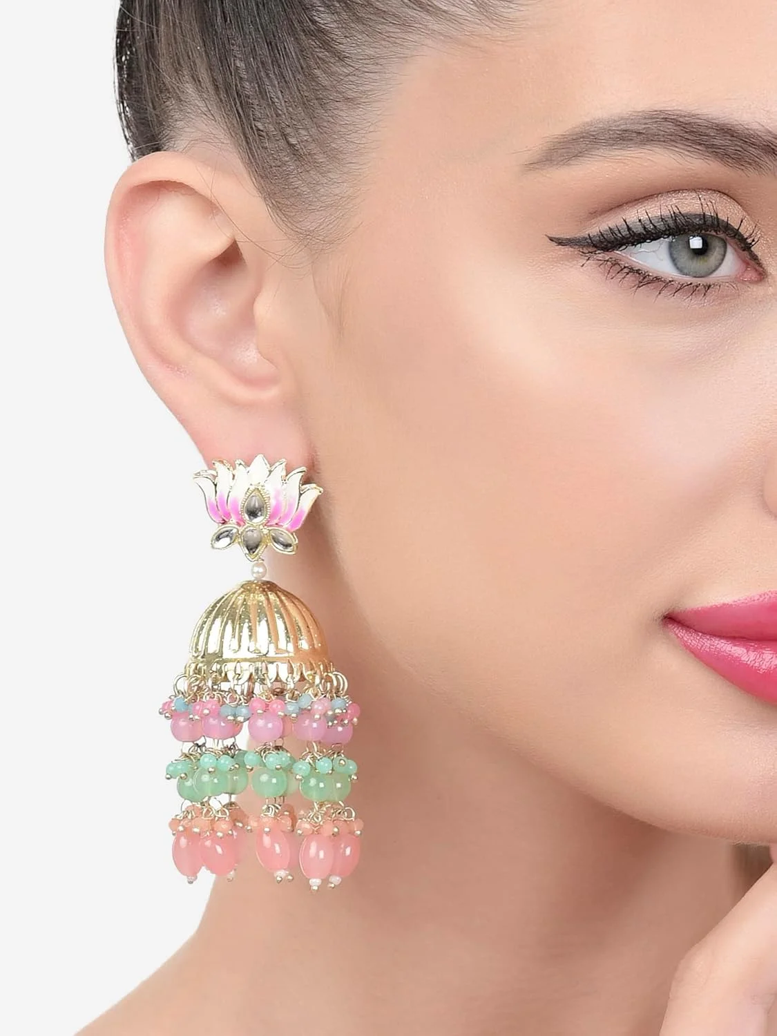 گوشواره زنانه چند رنگ میناکاری خوشه ای لایه ای Jhumki Zaveri Pearls مدل ZPFK15443