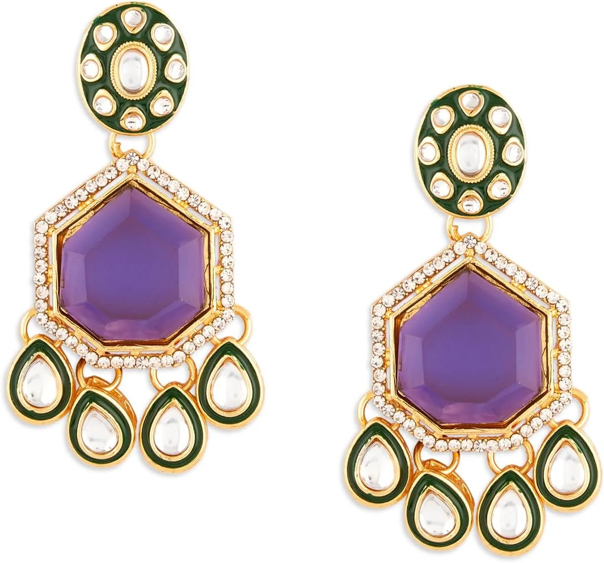 گوشواره آویز زنانه نگین بنفش، میناکاری سبز و نگین اتریشی Zaveri Pearls مدل ZPFK18065