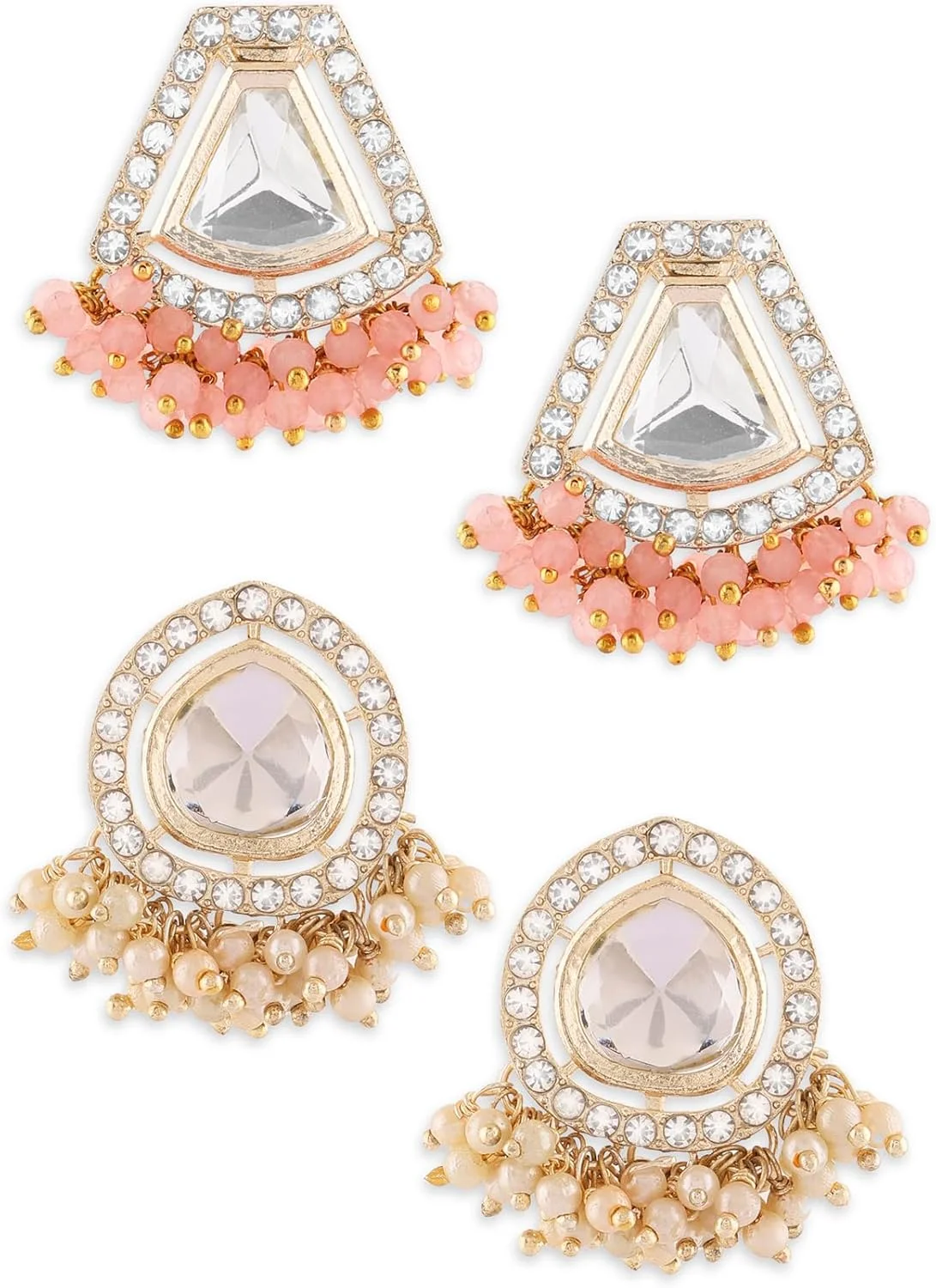 گوشواره های میخی زنانه Zaveri Pearls، ست 2 عددی، نگین اتریشی صورتی و سفید صدفی و مروارید، مدل قومی-ZPFK16843
