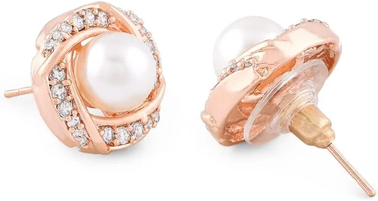 گوشواره میخی برنجی نگین زیرکونیا و مروارید رزگلد زنانه Zaveri Pearls مدل ZPFK10093 گوشواره میخی برنجی نگین زیرکونیا و مروارید رزگلد زنانه Zaveri Pearls مدل ZPFK10093