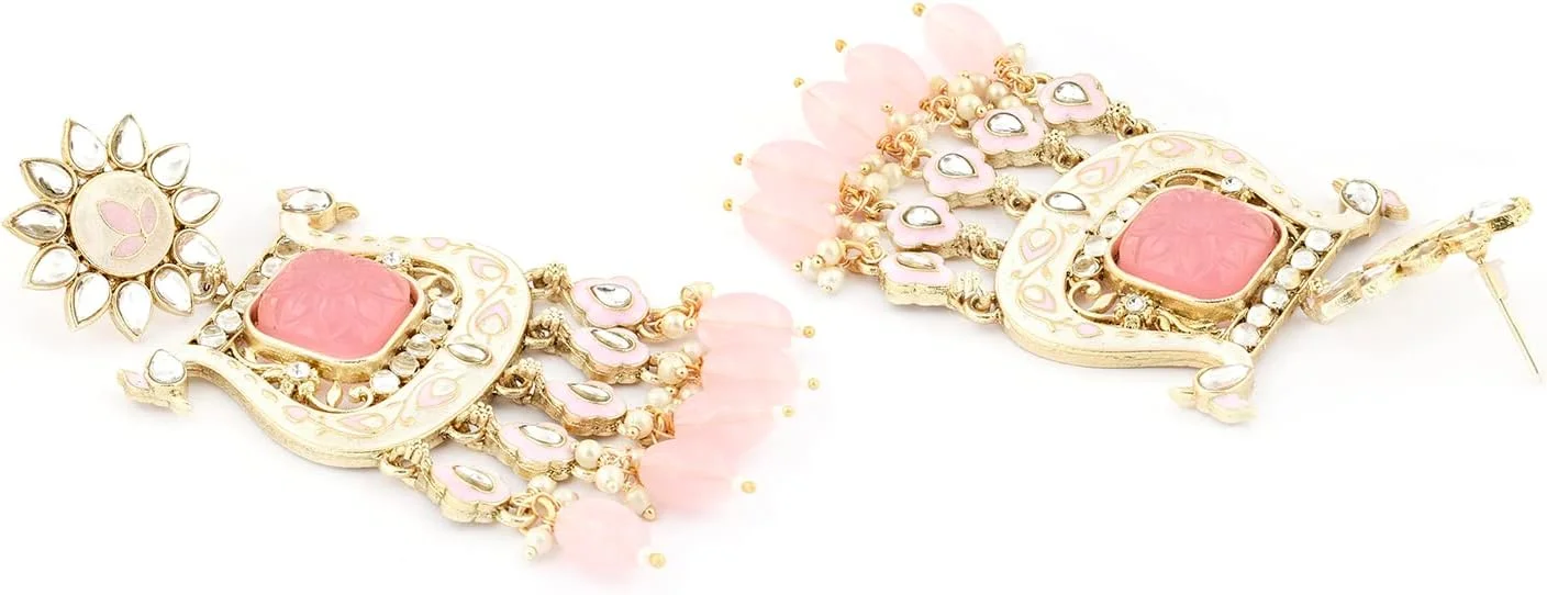 گوشواره های آویز و آویزی زنانه الهام گرفته از طاووس میناکاری شده صورتی سفید Zaveri Pearls مدل ZPFK15646 گوشواره های آویز و آویزی زنانه الهام گرفته از طاووس میناکاری شده صورتی سفید Zaveri Pearls مدل ZPFK15646