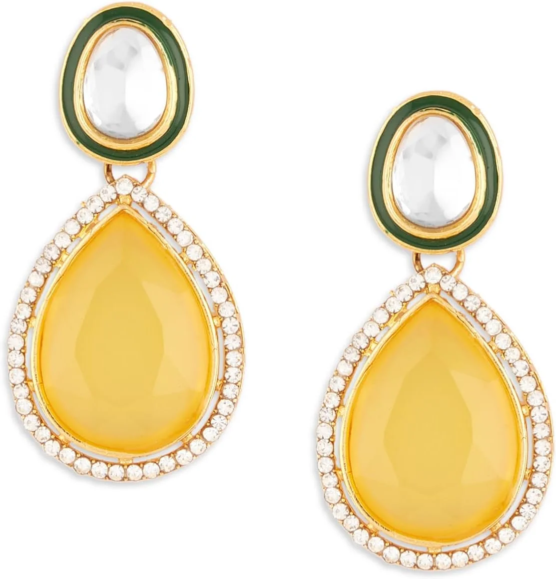 گوشواره آویز زنانه Zaveri Pearls مدل ZPFK18067 با سنگ اشکی زرد، میناکاری سبز و نگین های اتریشی