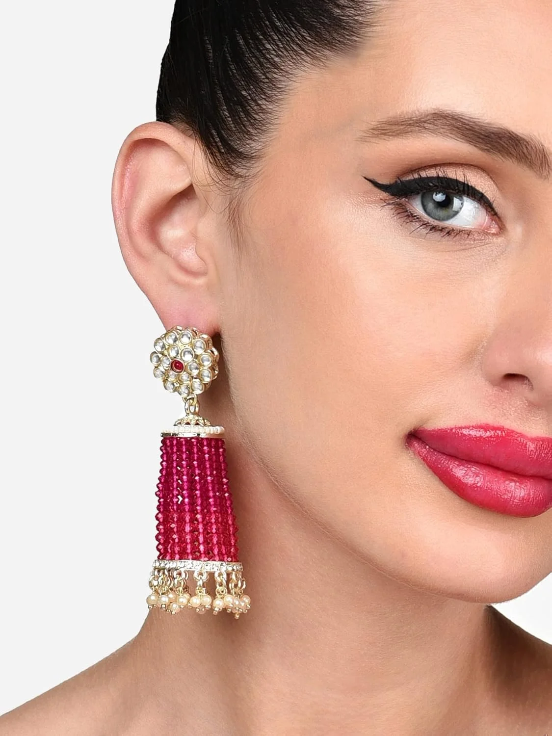 گوشواره آویز جومکی نگین دار کریستالی صورتی رانی Zaveri Pearls با آویز کندان برای زنان - ZPFK15867