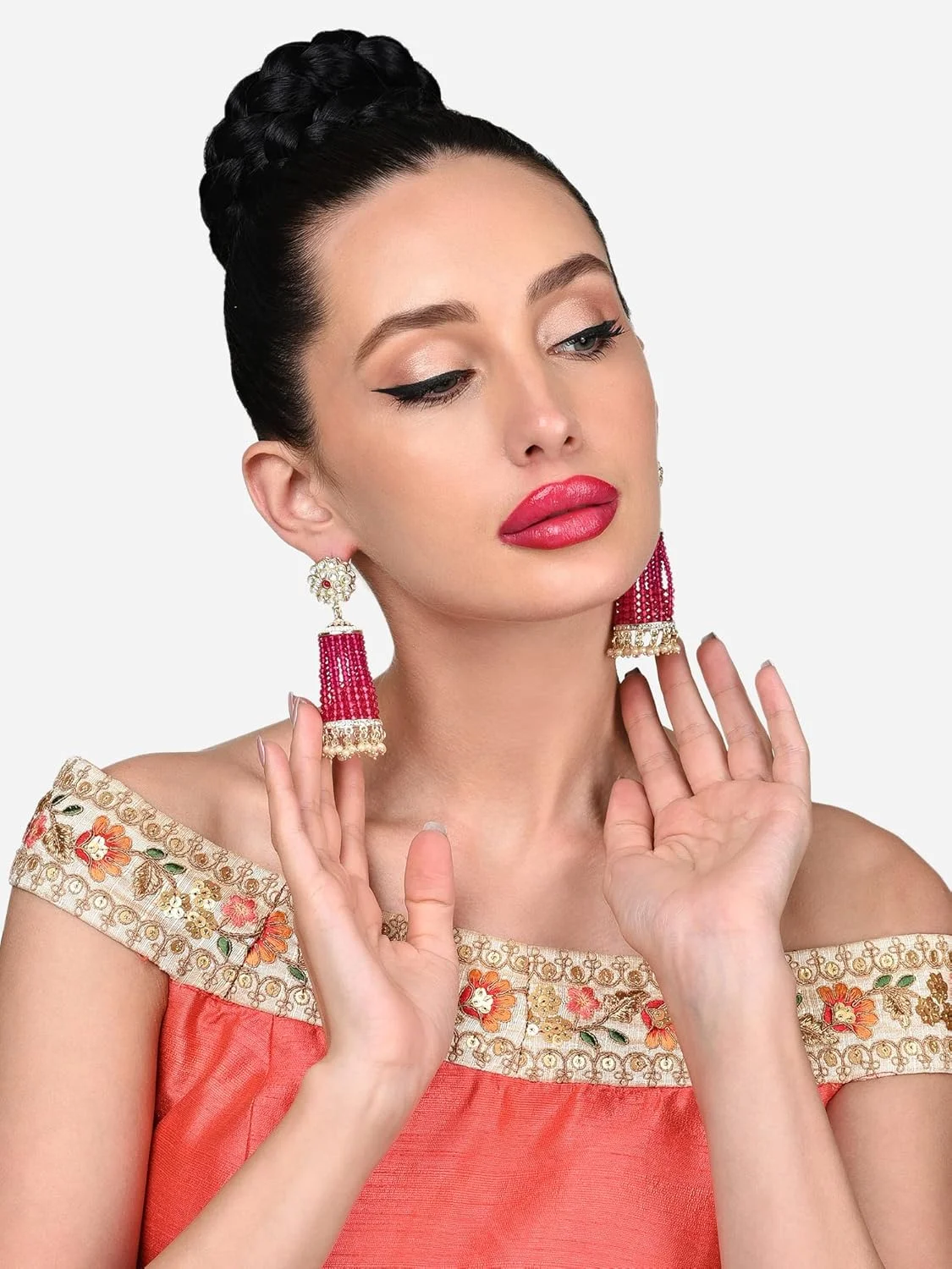 گوشواره آویز جومکی نگین دار کریستالی صورتی رانی Zaveri Pearls با آویز کندان برای زنان - ZPFK15867