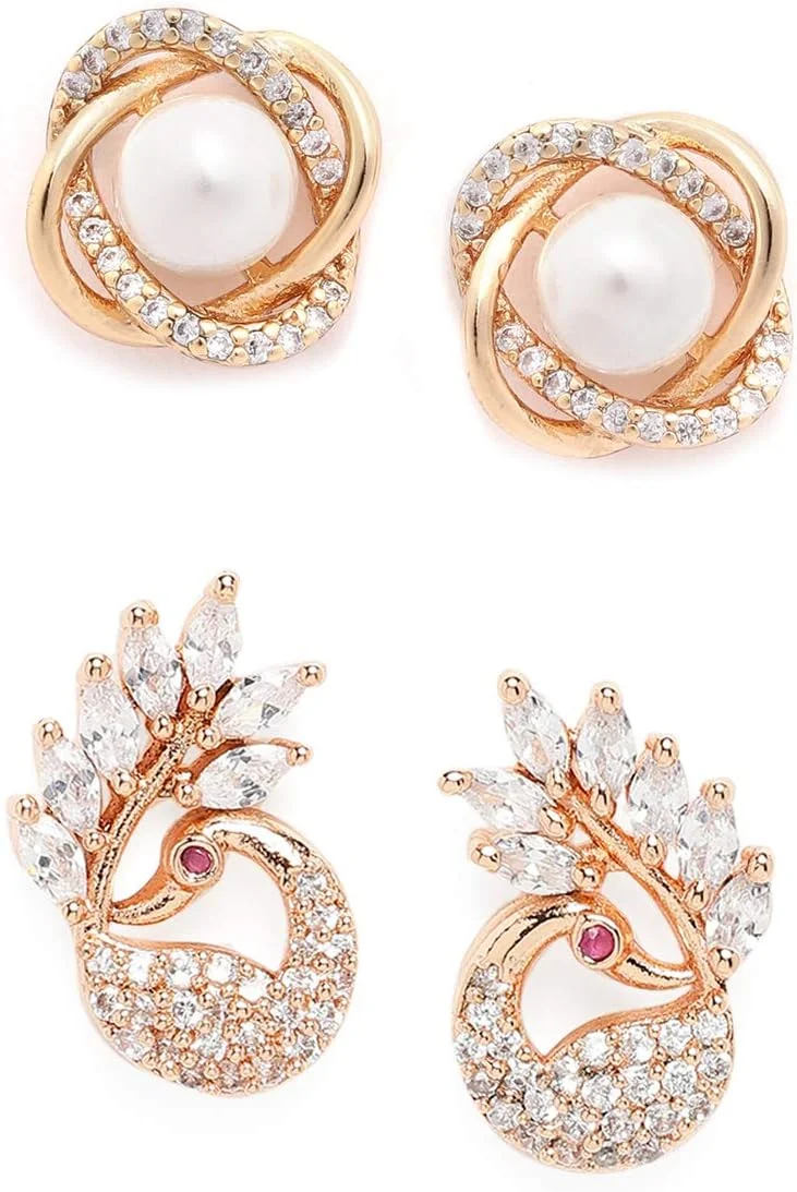 ZAVERI PEARLS ست دو عددی گوشواره میخی برنجی رزگلد زیرکونیا کوبیک - ZPFK10218، سایز one size