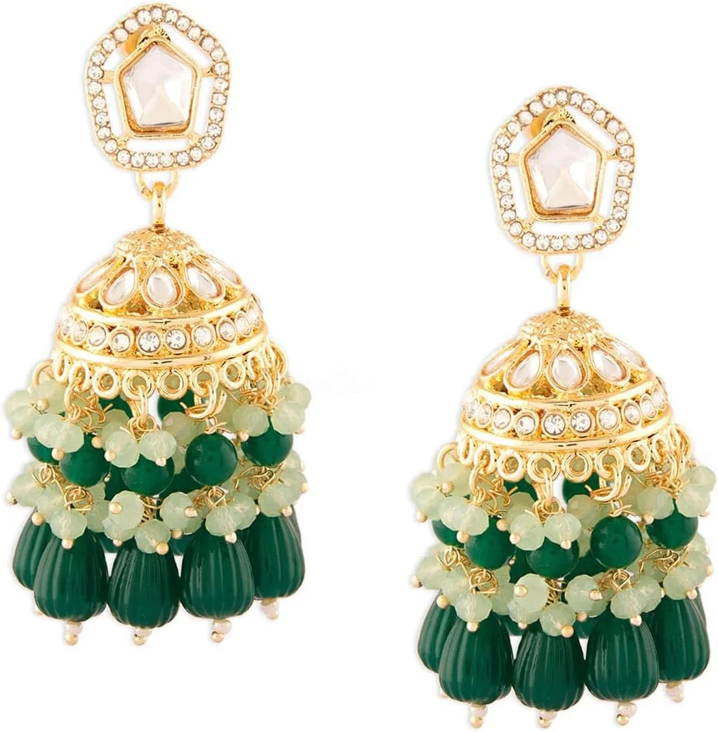 گوشواره زنانه جومکی سنتی Zaveri Pearls با مهره های خوشه ای سبز و الماس های اتریشی درخشان - ZPFK18077