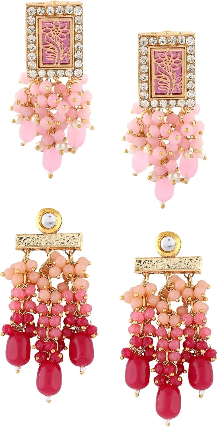 گوشواره های آویز سنتی خوشه ای صورتی زنانه Zaveri Pearls، ست 2 عددی - ZPFK17989