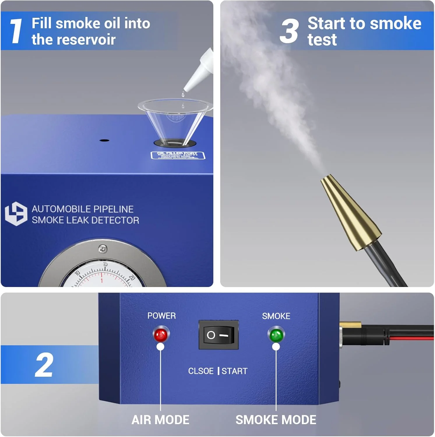 دستگاه تشخیص نشت دود خودرو KOLSOL با گیج فشار، پمپ هوای داخلی، دستگاه تست نشت دود خودرو DC12V در سیستم لوله های خودرو برای اتومبیل، موتور سیکلت، اسنومبیل، ATV و قایق