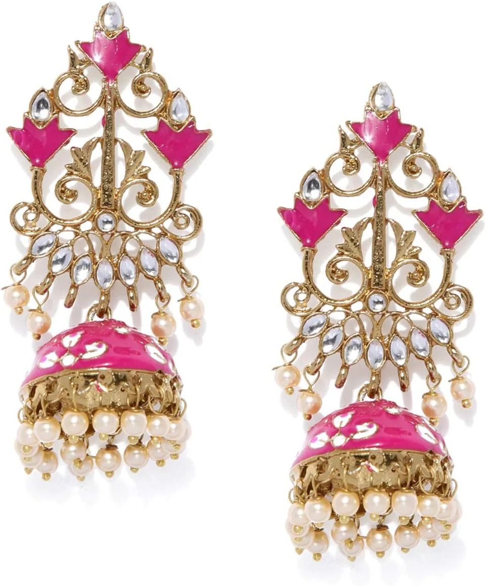 گوشواره جومکی سنتی میناکاری شده زیبا با روکش طلای فلزی ZAVERI PEARLS برای زنان - ZPFK8850