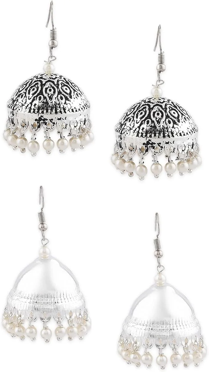 گوشواره های آویز جومکا نقره ای آنتیک اکسید شده زنانه Zaveri Pearls، ست 2 عددی - ZPFK15185