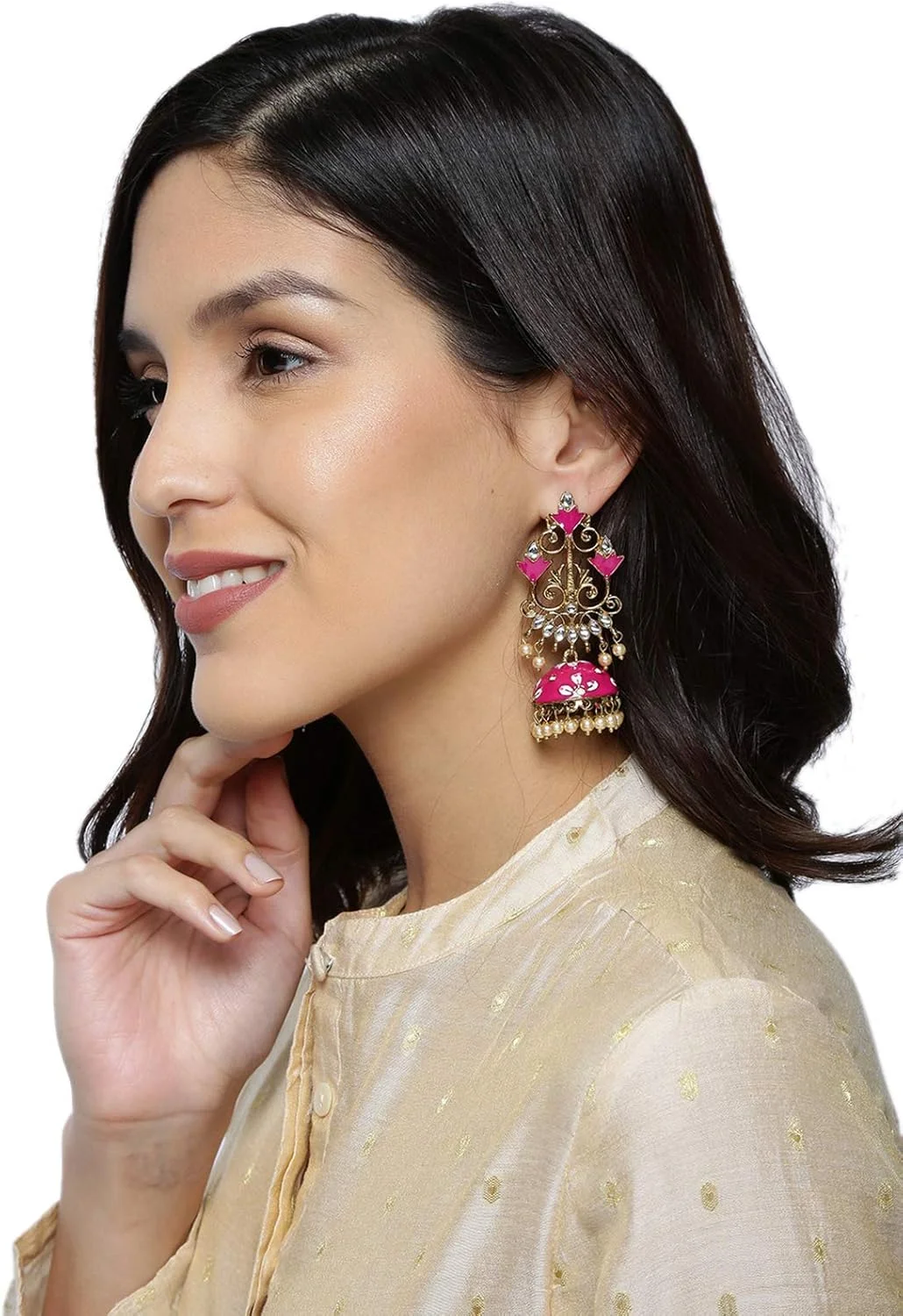 گوشواره جومکی سنتی میناکاری شده زیبا با روکش طلای فلزی ZAVERI PEARLS برای زنان - ZPFK8850 گوشواره جومکی سنتی میناکاری شده زیبا با روکش طلای فلزی ZAVERI PEARLS برای زنان - ZPFK8850