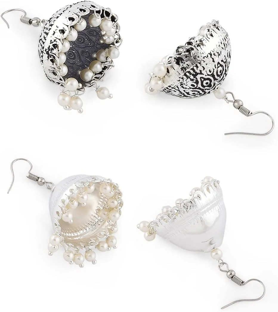 گوشواره های آویز جومکا نقره ای آنتیک اکسید شده زنانه Zaveri Pearls، ست 2 عددی - ZPFK15185 گوشواره های آویز جومکا نقره ای آنتیک اکسید شده زنانه Zaveri Pearls، ست 2 عددی - ZPFK15185