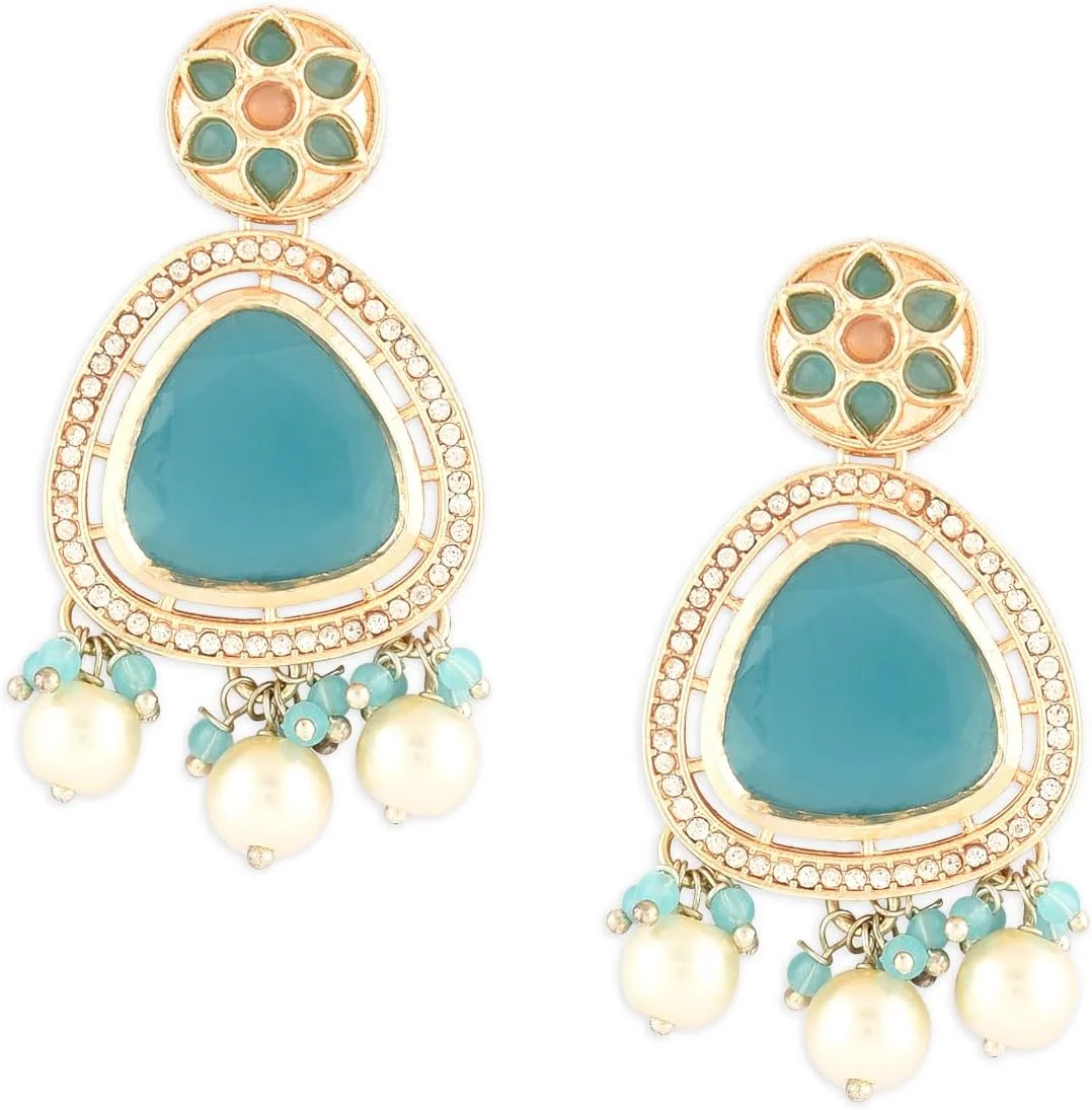 گوشواره آویز زنانه Zaveri Pearls با سنگ های فیروزه ای آبی و مهره ها و الماس اتریشی درخشان -ZPFK16187