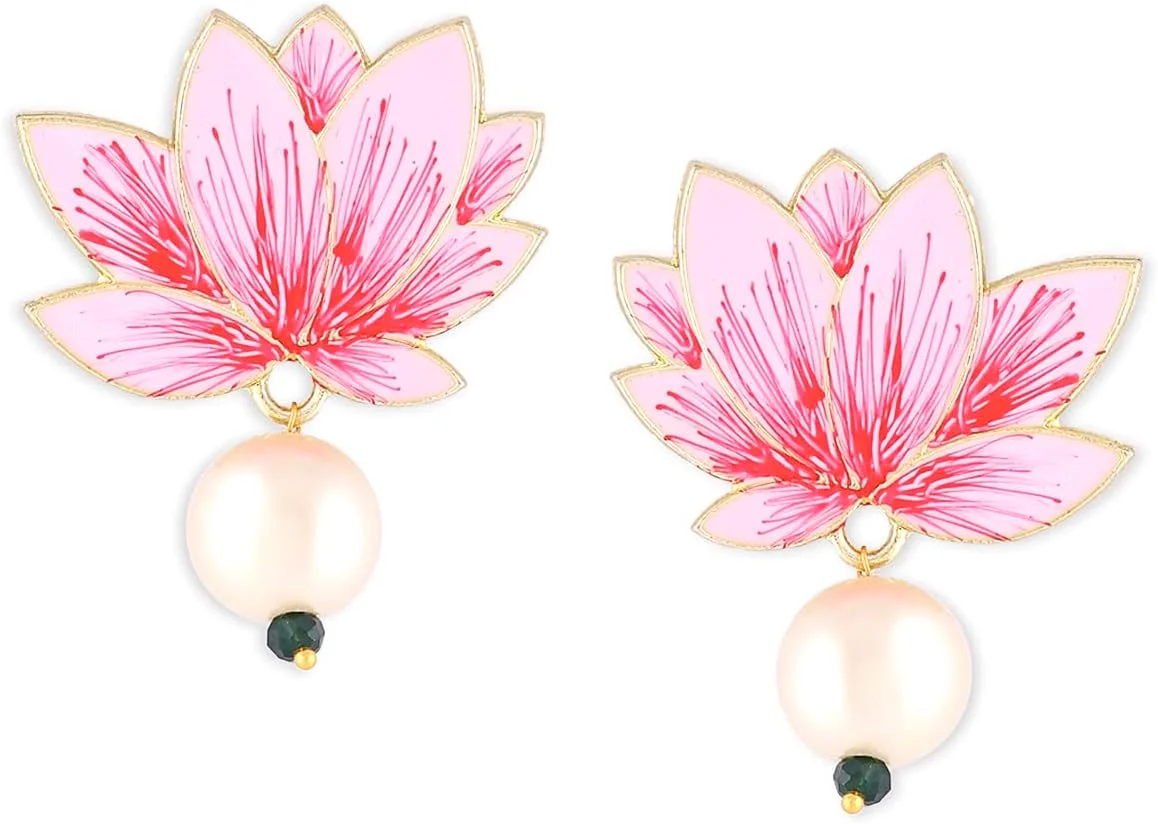 گوشواره آویز مروارید گل میناکاری صورتی ZAVERI PEARLS زنانه - ZPFK15562