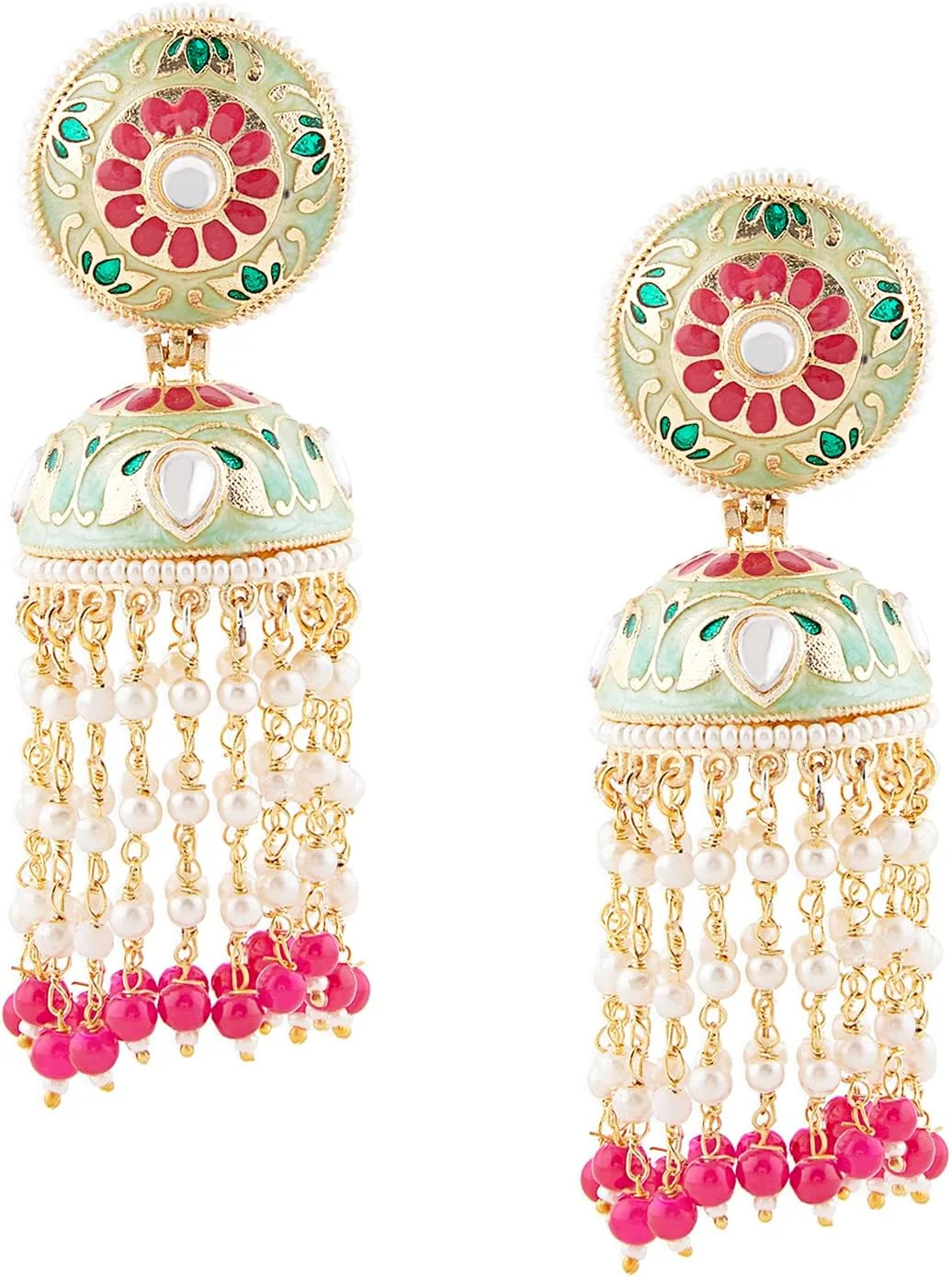 گوشواره زنانه Jhumki با طراحی گل میناکاری سبز و صورتی Zaveri Pearls با زنجیر مهره ای آویز - ZPFK14651