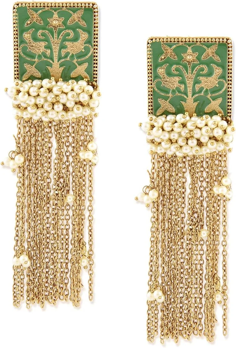 گوشواره آویز منگوله ای مرواریدی خوشه ای زنجیره ای میناکاری سبز پاستیلی Zaveri Pearls مدل ZPFK10137 زنانه