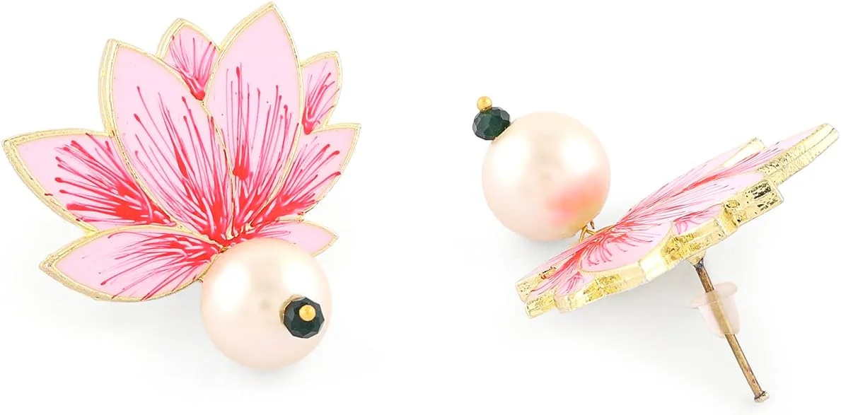 گوشواره آویز مروارید گل میناکاری صورتی ZAVERI PEARLS زنانه - ZPFK15562 گوشواره آویز مروارید گل میناکاری صورتی ZAVERI PEARLS زنانه - ZPFK15562