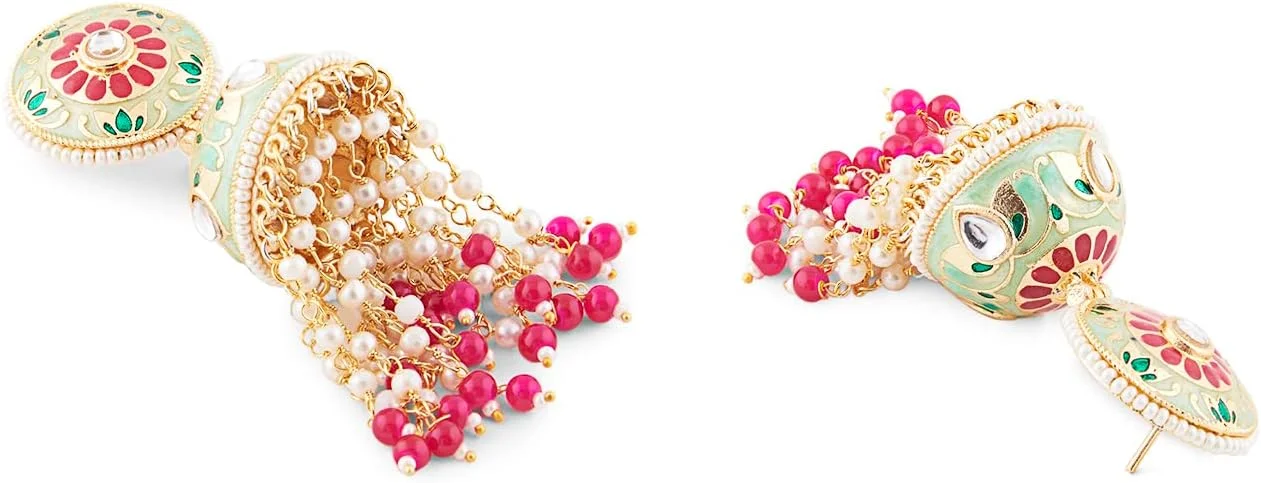 گوشواره زنانه Jhumki با طراحی گل میناکاری سبز و صورتی Zaveri Pearls با زنجیر مهره ای آویز - ZPFK14651