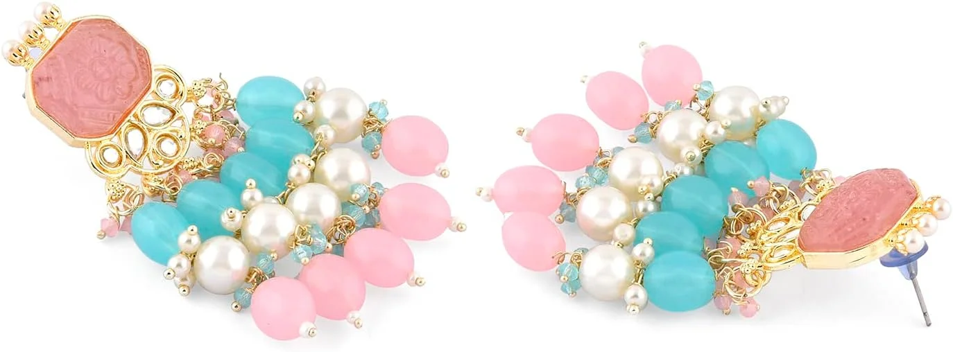 گوشواره آویز زنانه ZAVERI PEARLS با سنگ صورتی و فیروزه ای و مهره های خوشه ای - ZPFK15373 گوشواره آویز زنانه ZAVERI PEARLS با سنگ صورتی و فیروزه ای و مهره های خوشه ای - ZPFK15373