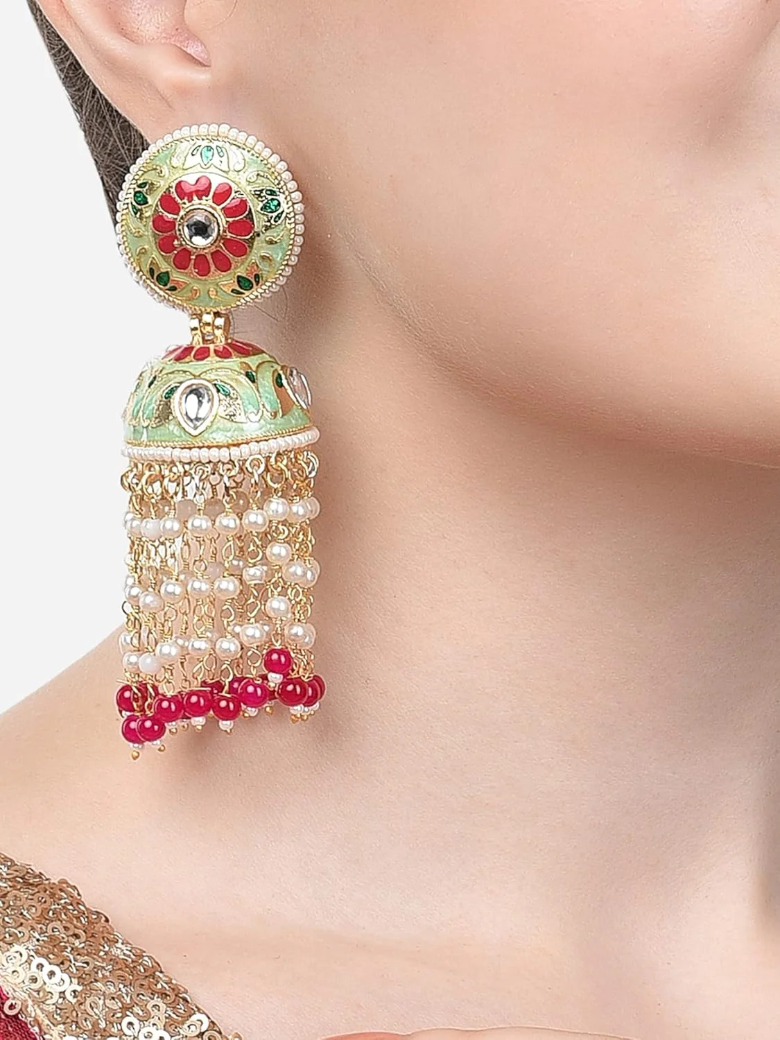 گوشواره زنانه Jhumki با طراحی گل میناکاری سبز و صورتی Zaveri Pearls با زنجیر مهره ای آویز - ZPFK14651