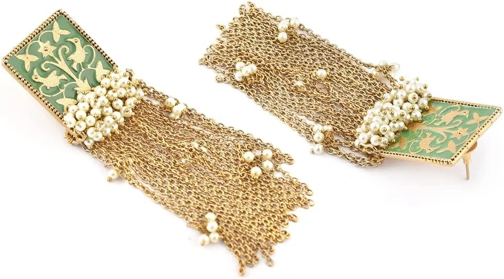 گوشواره آویز منگوله ای مرواریدی خوشه ای زنجیره ای میناکاری سبز پاستیلی Zaveri Pearls مدل ZPFK10137 زنانه گوشواره آویز منگوله ای مرواریدی خوشه ای زنجیره ای میناکاری سبز پاستیلی Zaveri Pearls مدل ZPFK10137 زنانه