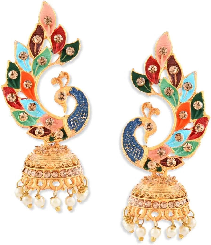 گوشواره زنانه جومکی طرح طاووس با روکش طلای 22 عیار ZAVERI PEARLS (چند رنگ، Zpfk8775)