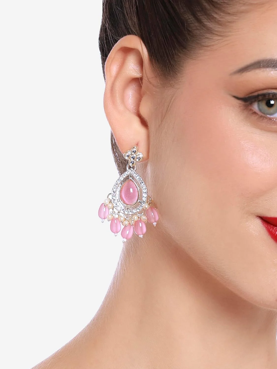 زیوری پرلز ست گوشواره جومکی سنتی زنانه با نگین های کندن و الماس اتریشی آبی فیروزه ای و صورتی - ZPFK16865 (دو عددی)