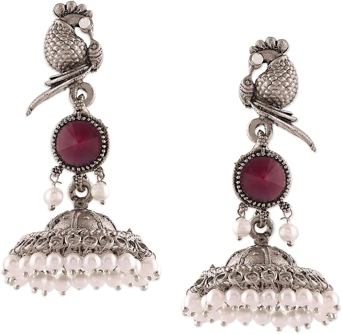 گوشواره جومکی سنتی زنانه Zaveri Pearls طرح طاووس بنفش با سنگ و مهره های نقره ای اکسید شده - ZPFK16699