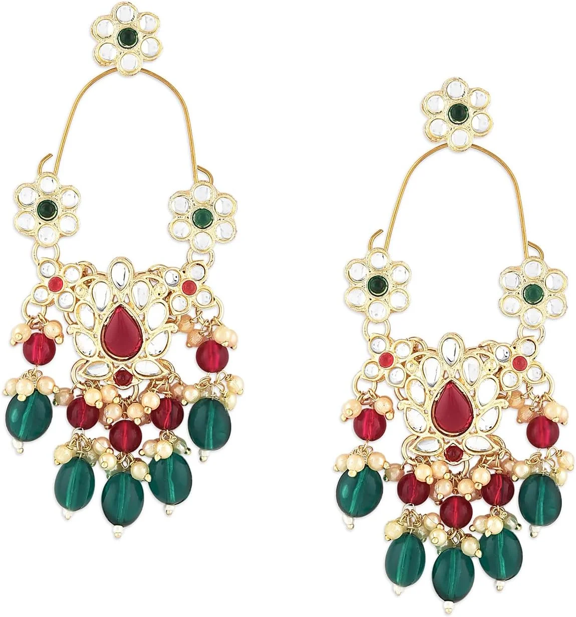 گوشواره آویز زنانه Zaveri Pearls سبز و صورتی رانی با نگین های Kundan و مهره -ZPFK16184