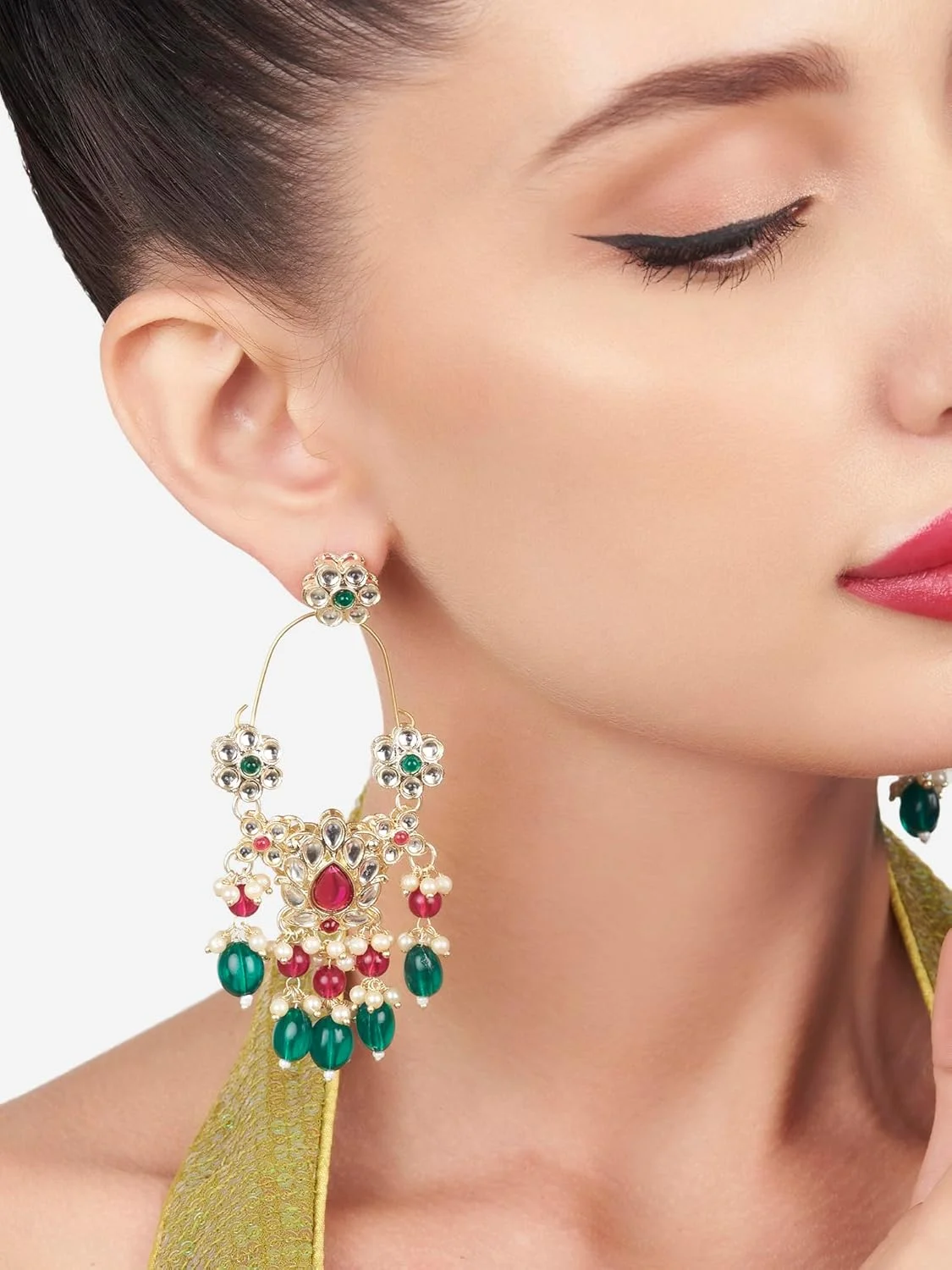 گوشواره آویز زنانه Zaveri Pearls سبز و صورتی رانی با نگین های Kundan و مهره -ZPFK16184 گوشواره آویز زنانه Zaveri Pearls سبز و صورتی رانی با نگین های Kundan و مهره -ZPFK16184