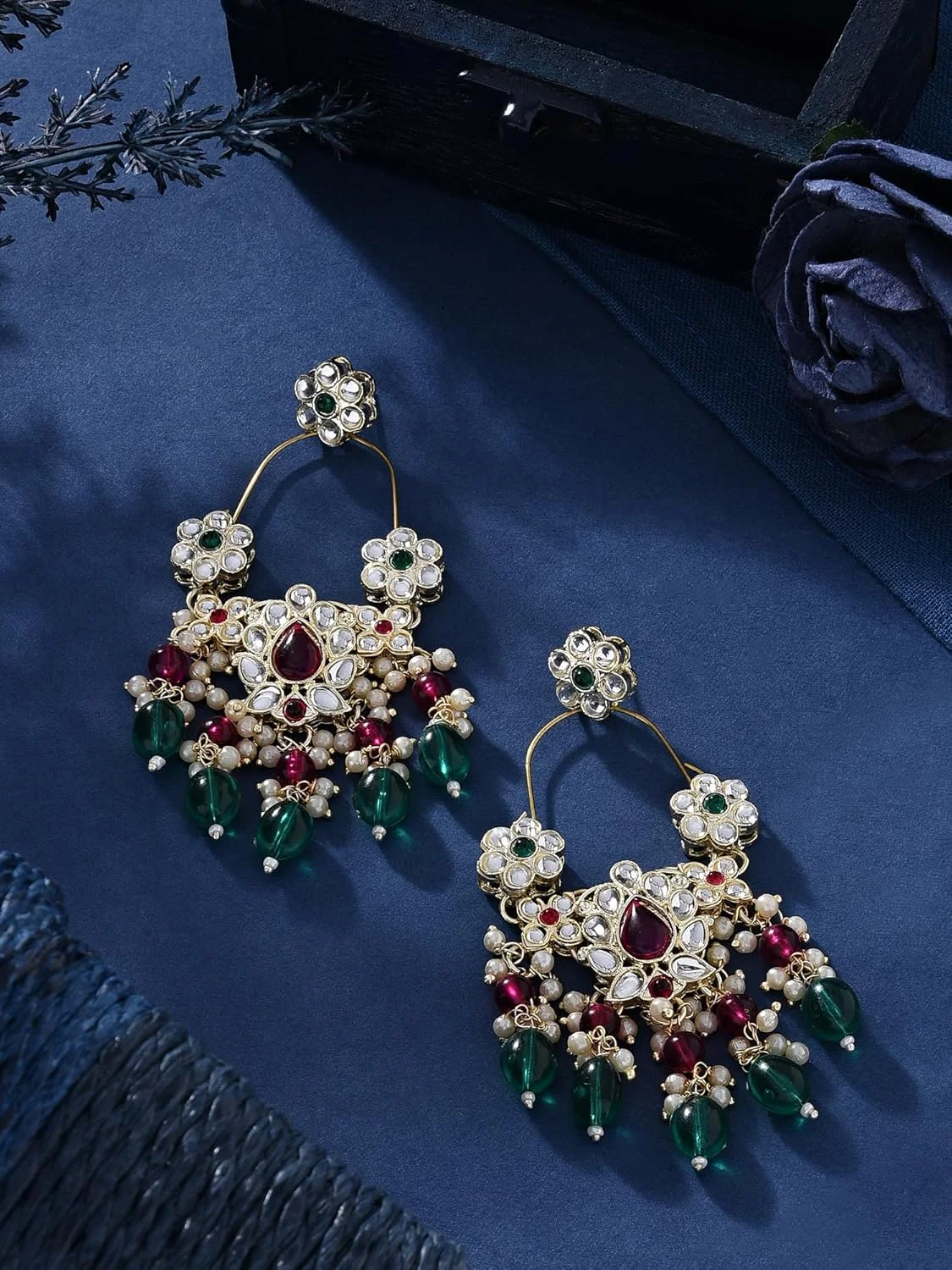 گوشواره آویز زنانه Zaveri Pearls سبز و صورتی رانی با نگین های Kundan و مهره -ZPFK16184 گوشواره آویز زنانه Zaveri Pearls سبز و صورتی رانی با نگین های Kundan و مهره -ZPFK16184