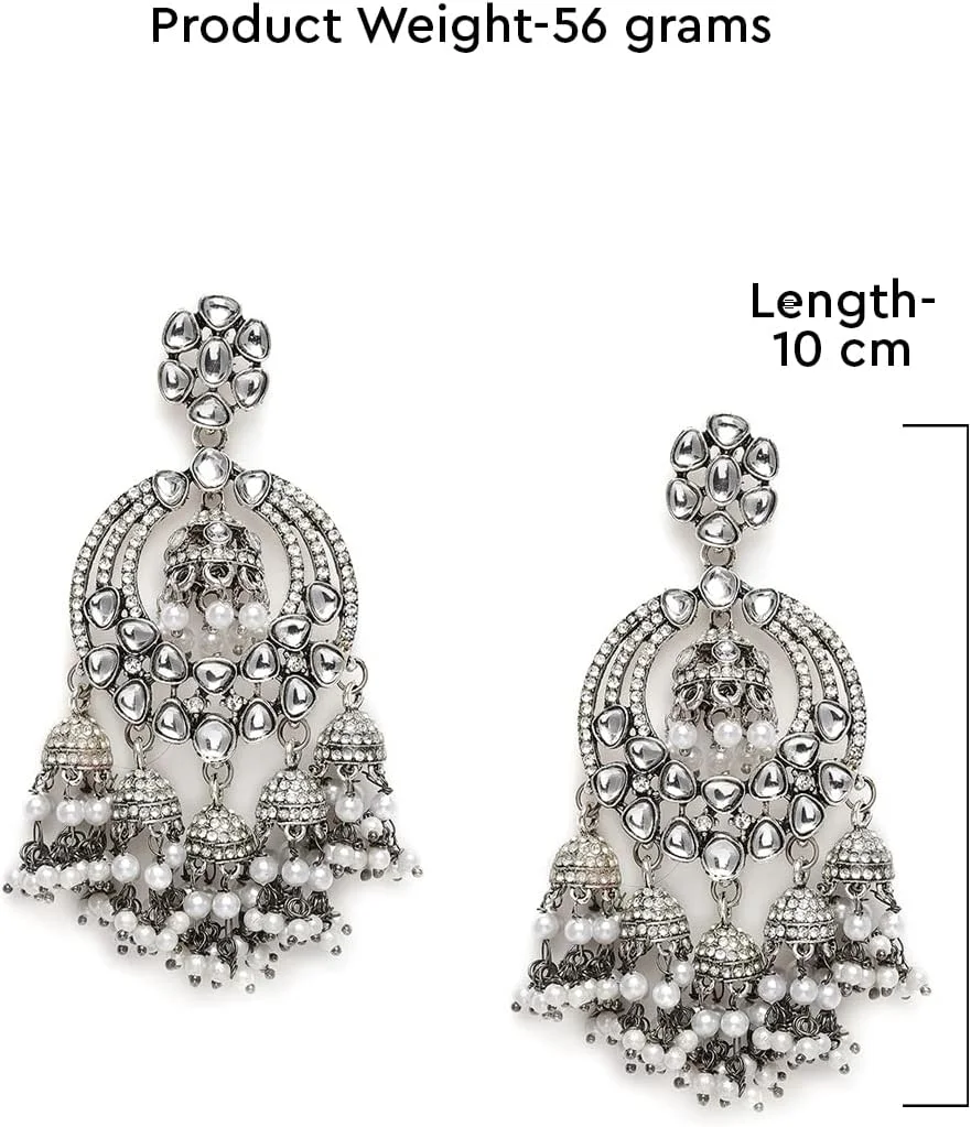 گوشواره های آویز جومکی نگین کاری شده با سنگ اتریشی و طرح کندان نقره ای آنتیک ZAVERI PEARLS مدل ZPFK10164 زنانه گوشواره های آویز جومکی نگین کاری شده با سنگ اتریشی و طرح کندان نقره ای آنتیک ZAVERI PEARLS مدل ZPFK10164 زنانه