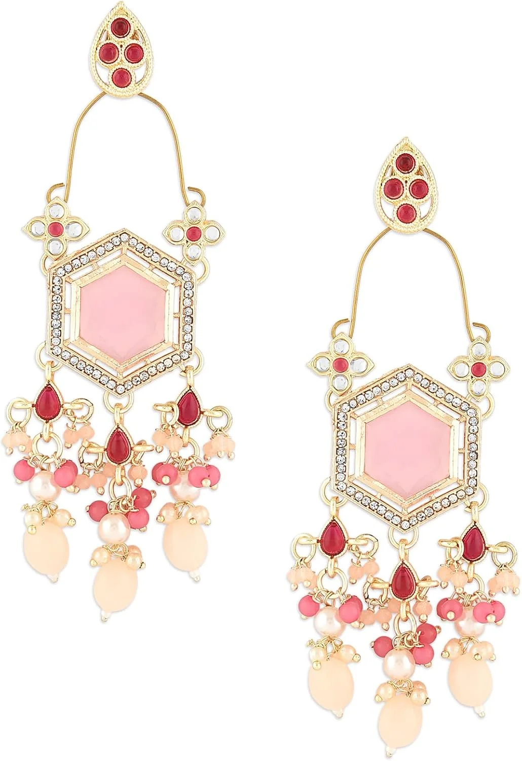 گوشواره آویز زنانه Zaveri Pearls با سنگ های صورتی، کندان و مهره - ZPFK16183