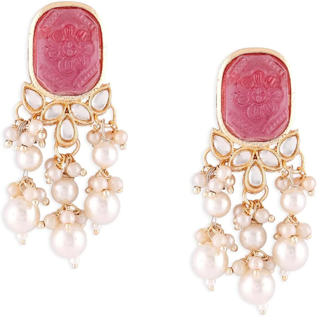 گوشواره آویز چند لایه سنگ و کندن مرواریدی رنگ شراب زنانه ZAVERI PEARLS - ZPFK15441