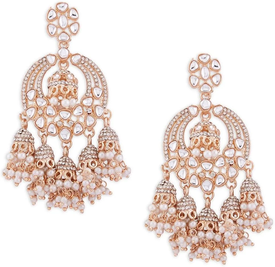 گوشواره های آویز جومکی زنانه نگین کاری شده با نگین های اتریشی درخشان و کندان رزگلد ZAVERI PEARLS مدل ZPFK13786