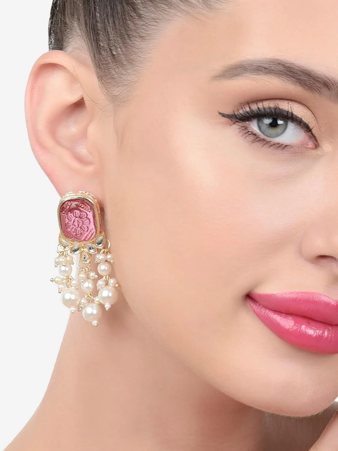 گوشواره آویز چند لایه سنگ و کندن مرواریدی رنگ شراب زنانه ZAVERI PEARLS - ZPFK15441