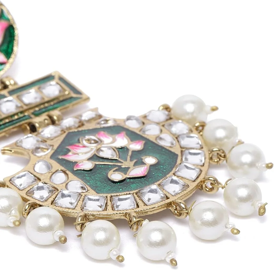 گوشواره آویز زنانه Zaveri Pearls با طراحی میناکاری لوتوس سبز و صورتی با نگین های Kundan - ZPFK10343 گوشواره آویز زنانه Zaveri Pearls با طراحی میناکاری لوتوس سبز و صورتی با نگین های Kundan - ZPFK10343
