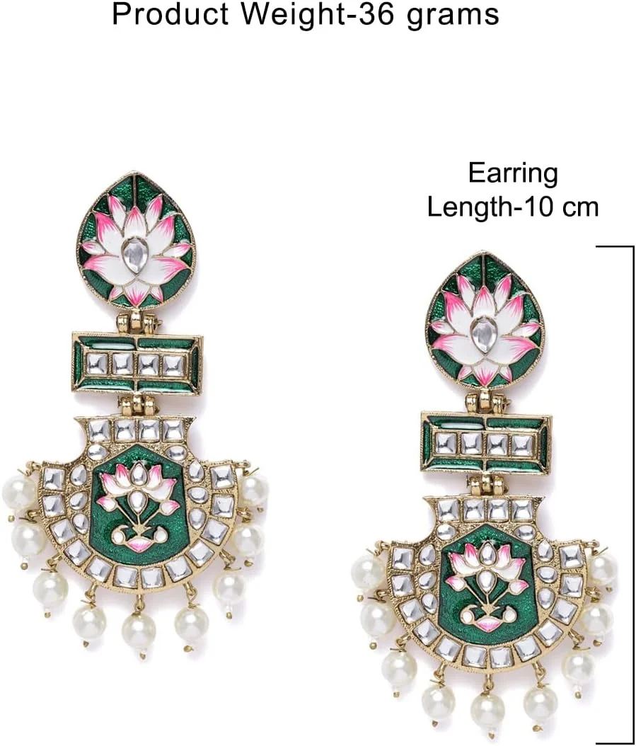گوشواره آویز زنانه Zaveri Pearls با طراحی میناکاری لوتوس سبز و صورتی با نگین های Kundan - ZPFK10343 گوشواره آویز زنانه Zaveri Pearls با طراحی میناکاری لوتوس سبز و صورتی با نگین های Kundan - ZPFK10343