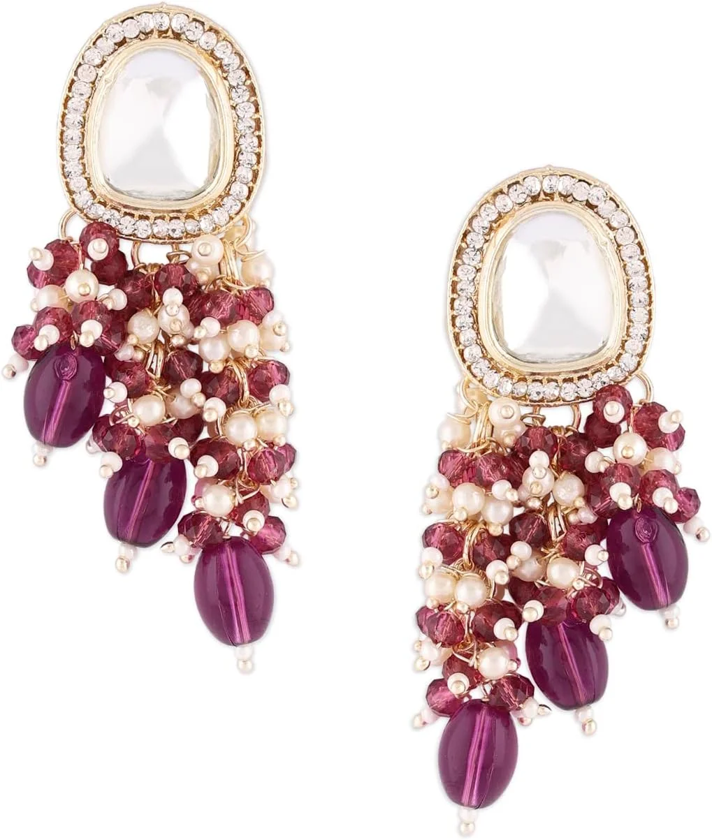 گوشواره آویز زنانه نگین دار Zaveri Pearls با خوشه های بنفش و تزیینات Kundan مدل سنتی - ZPFK15637