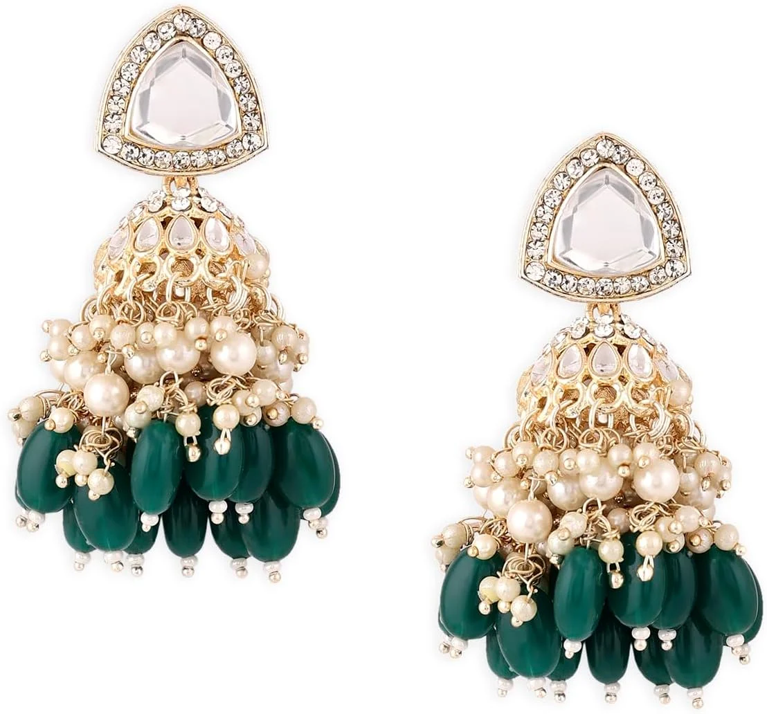 گوشواره آویز جومکا خوشه ای مهره ای با سنگ های سبز Zaveri Pearls مدل ZPFK16595 زنانه