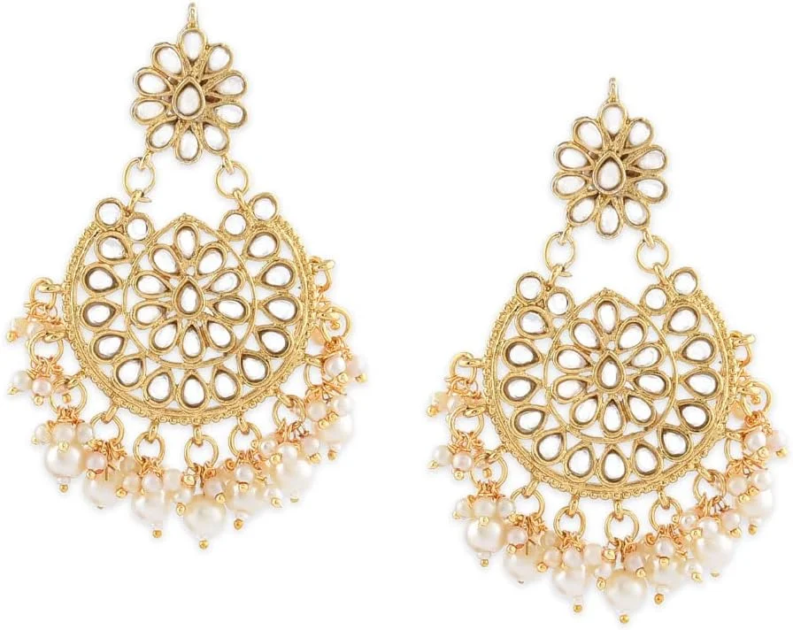 گوشواره آویز زنانه ZAVERI PEARLS با طرح Kundan و مروارید، روکش طلای 22 عیار - ZPFK8661
