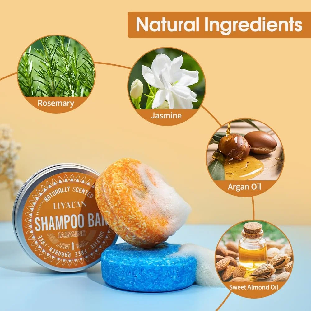 شامپو بار لیالان برای مو، صابون جامد (2 عدد) شامپو بار رزماری و یاس، شامپو پاک کننده عمیق مو برای موهای نازک و چرب
