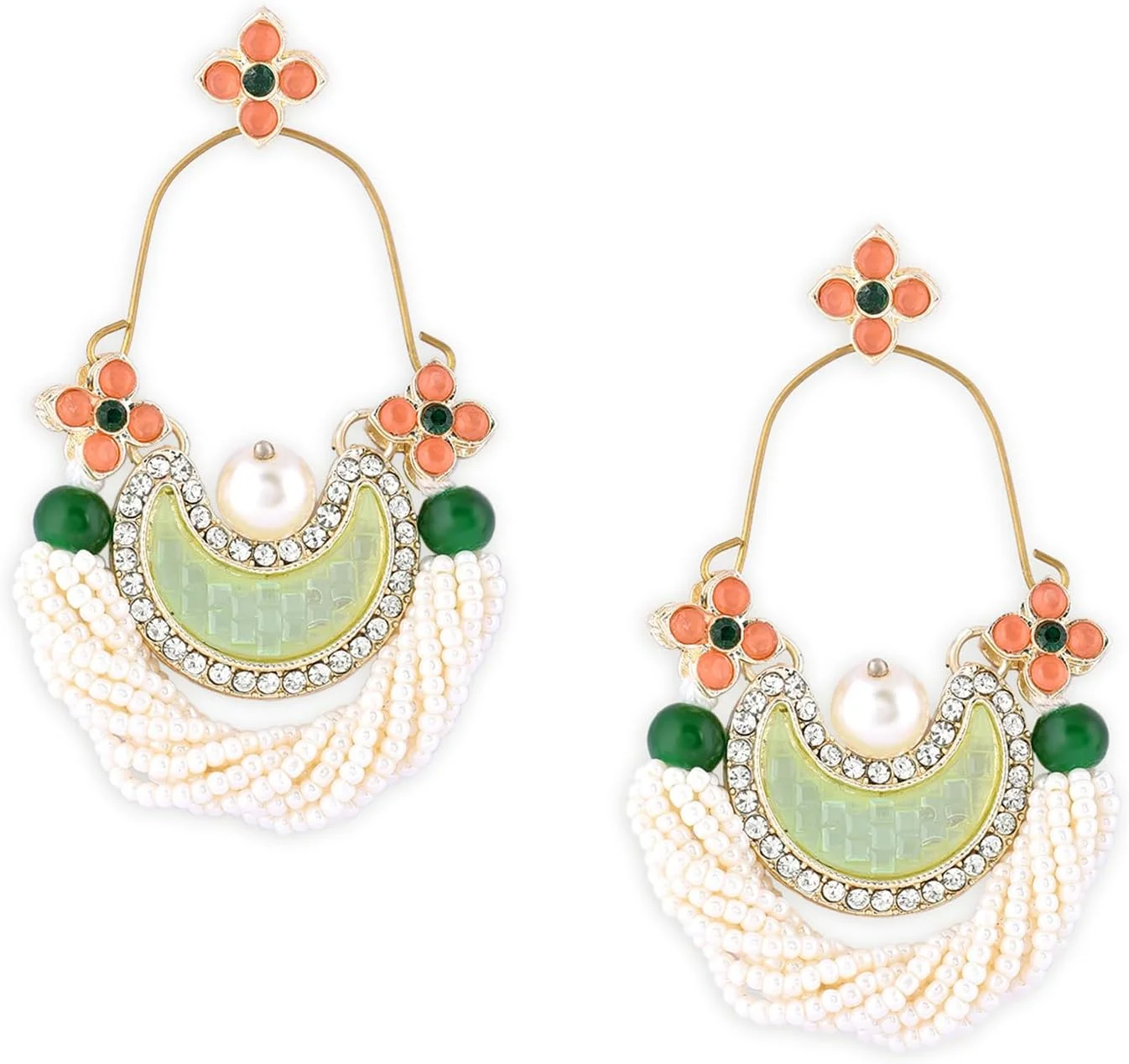 گوشواره آویز قومی هلال سنگی خیره کننده سبز و هلویی Zaveri Pearls برای زنان -ZPFK16397