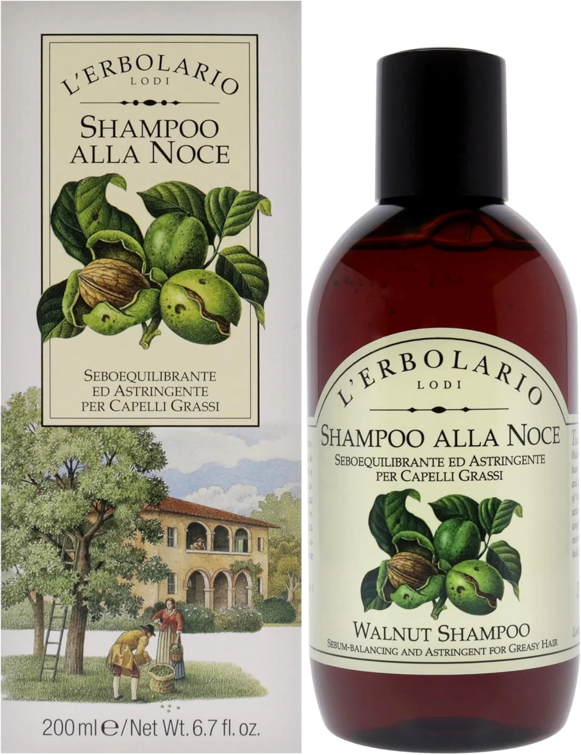 L'Erbolario - شامپو گردو - شامپو متعادل کننده برای مو و پوست سر - مو و پوست سر را تمیز می کند و در عین حال چربی را برای حجم و درخشش بیشتر متعادل می کند - فاقد تست حیوانی، 200 میلی لیتر