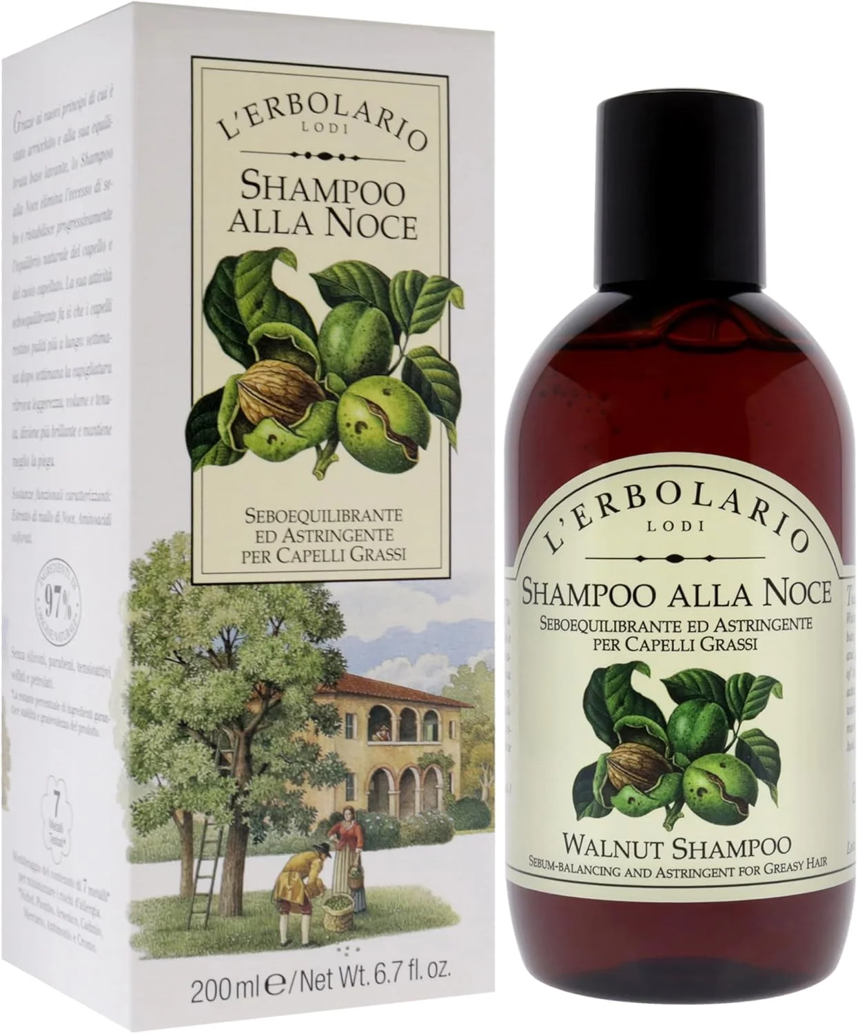 L'Erbolario - شامپو گردو - شامپو متعادل کننده برای مو و پوست سر - مو و پوست سر را تمیز می کند و در عین حال چربی را برای حجم و درخشش بیشتر متعادل می کند - فاقد تست حیوانی، 200 میلی لیتر